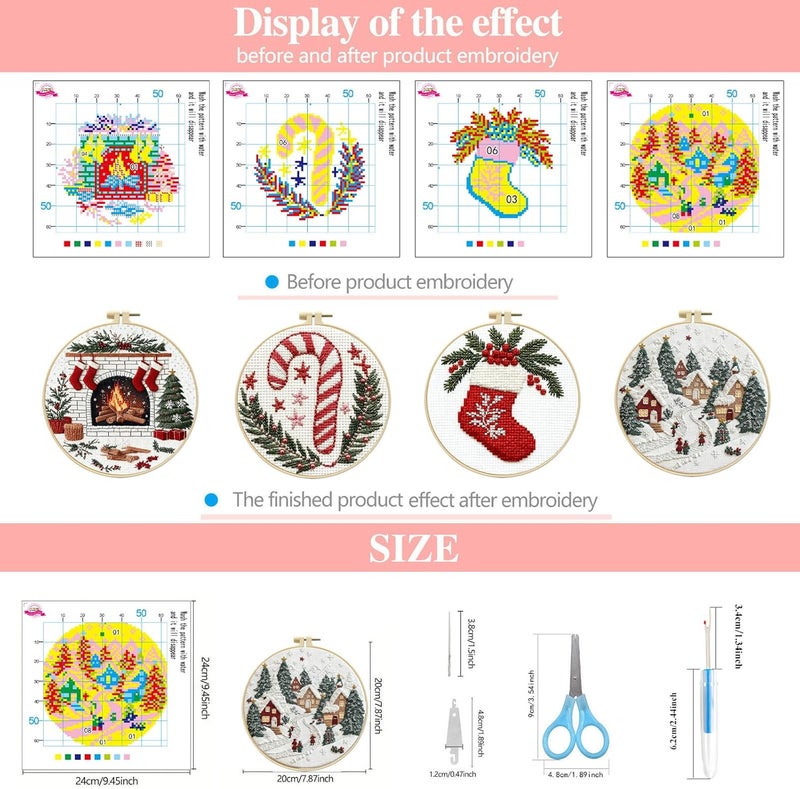Zhenqing 11 Count Stamped Cross Stitch Kits for Adults Beginners, Hand Embroidery Christmas Ornaments kit with Instructions Embroidery Hoops,Christmas Stocking-Four-Piece Set(68446) - Image 3
